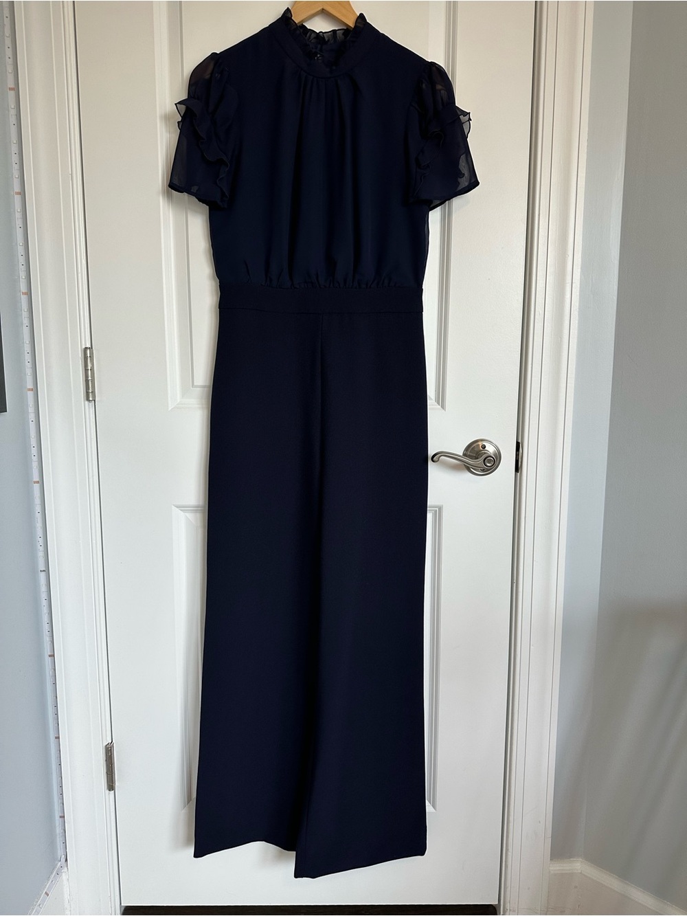Vince Camuto Navy Ruffle-Trim High Neck Wide-Leg Jumpsuit